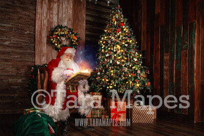 Santa&#39;s Cabin - Santa Reading Book in Cabin Christmas Kitchen with Santa - Christmas Holiday Digital Background Backdrop