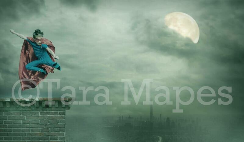 Superhero on Rooftop Over City Digital Background