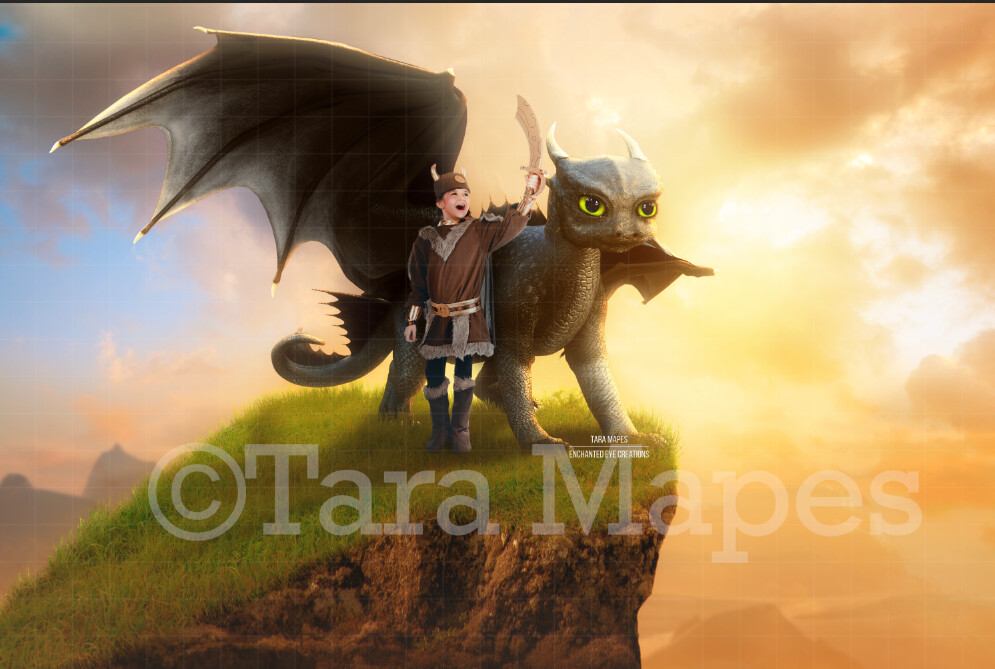 Black Dragon on Cliff- Dragon Magic- Magical Dragon  Digital Background / Backdrop