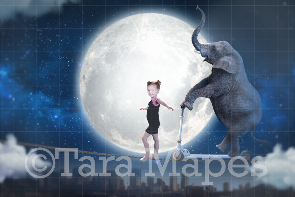 Elephant on Tightrope at Night Digital Background