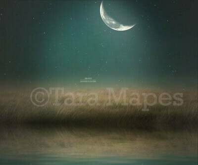 Enchanted Moon by  Lake - Lake in Field by Moon-  Creamy Night- Digital Background Backdrop