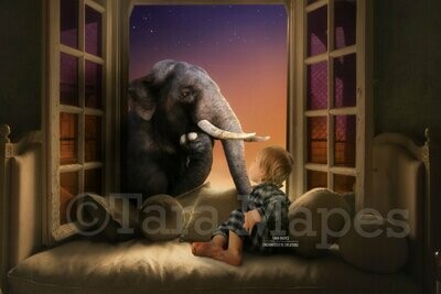 Elephant in Window Magical Fantasy Creamy Magical Digital Background Backdrop