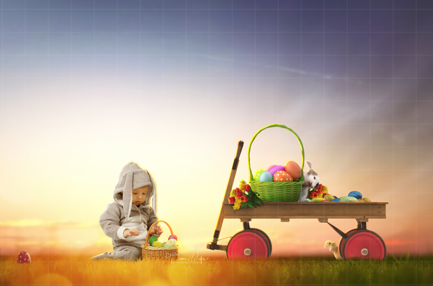 Easter Wagon with Painted Eggs - Colorful Digital Background / Backdrop