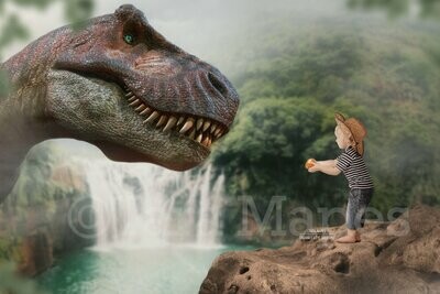 Dinosaur Feed - T Rex in Rain Forest by Waterfall - Close Up -  Dino Digital Background / Backdrop