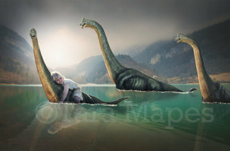 Dinosaurs in Prehistoric Lake Digital Background / Backdrop