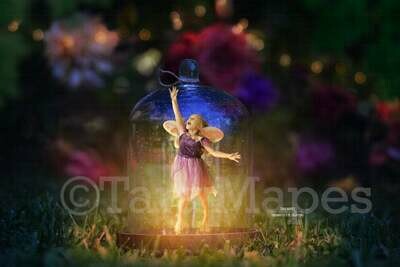 Fairy Jar in Forest - Fairy Trap in Jar with Glitter Overlay Digital Background