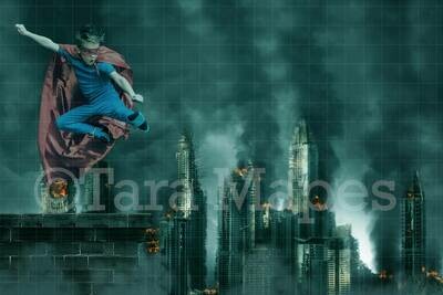Superhero roof scene - Roof Over Burning City Digital Background
