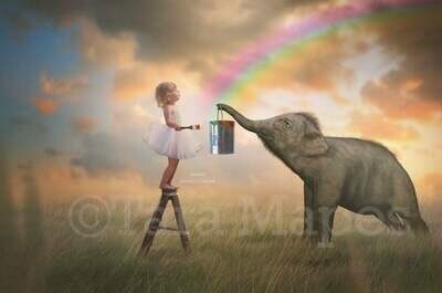 Paint a Rainbow with Baby Elephant by -Rainbow Painter - Elephant with Paint Can - Digital Background Backdrop