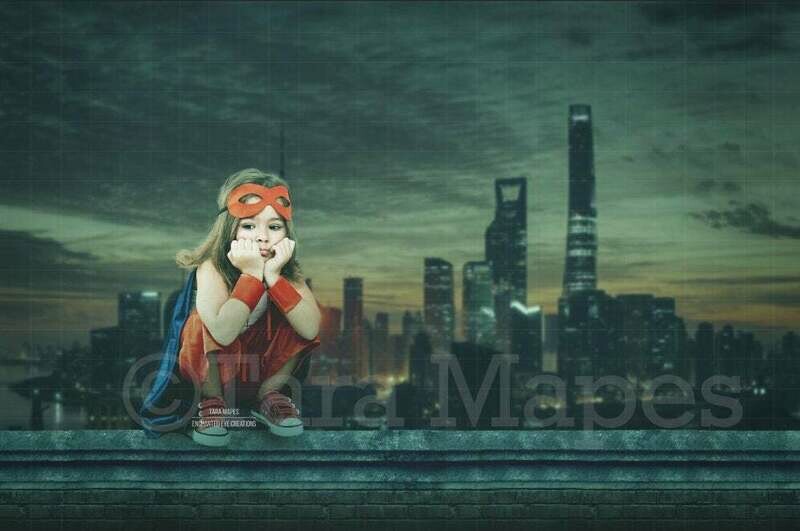 Superhero Over Burning City Digital Background Backdrop