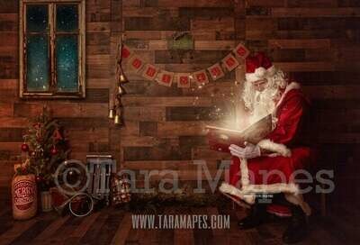 Father Christmas and Magic Book in Cabin Wood  House Vintage Victorian Christmas Digital Background Backdrop
