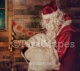 Father Christmas Santa Holding Blanket for Pet or Newborn in Wood House Vintage Victorian Christmas Digital Background Backdrop