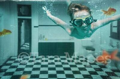 Flood in Bathroom - Bathtub Flood - Underwater in Room - Funny Vintage Digital Background Backdrop