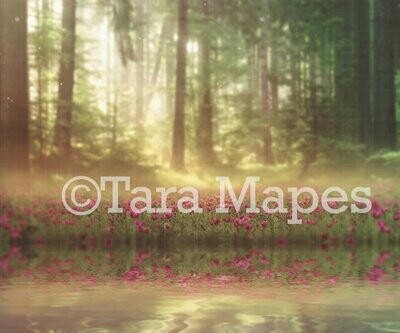 Field of Flowers by by Lake  - Lake in Field of Violet Flowers-  Creamy Background- Digital Background Backdrop