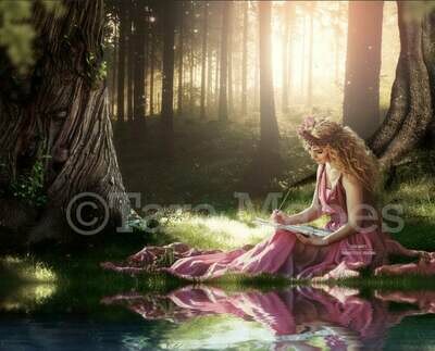 Forest Woods by Pond Lake Sunset Creamy Nature Digital Background Backdrop