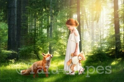 Fox in Forest - Baby Fox in Forest Spring Time  Digital Background Backdrop