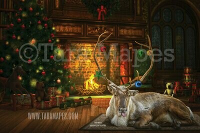 Funny Reindeer Sticking out Tongue - Cozy Christmas Fireplace - Reindeer by Tree - Christmas Holiday Digital Background Backdrop