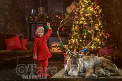 Funny Reindeer Sticking out Tongue by Christmas Tree - Cozy Christmas Fireplace - Christmas Holiday Digital Background Backdrop