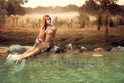 Freshwater Mermaid Scene - Lake Shore Rock in Lake at Sunset Creamy Foggy Digital Background / Backdrop