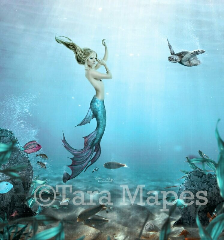 Mermaid Underwater - Mermaid with Turtle - Mermaid in Ocean Digital Background / Backdrop