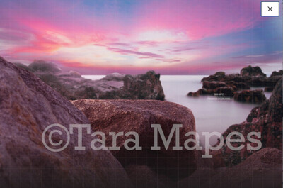 Rock by Ocean at Sunset Pink Sky Digital Background Backdrop