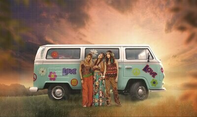 Hippie Van in Field at Sunset Digital Background Backdrop