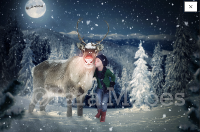 Kissing Rudolph the Red Nosed Reindeer -Rudolph Surprised - Winter Snowy Scene- Christmas Digital Background Backdrop