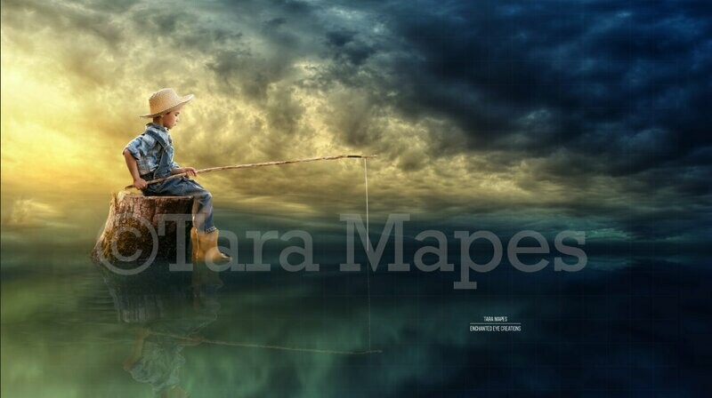 Gone Fishing Stump Pier in Ocean Fantasy Digital Background Backdrop