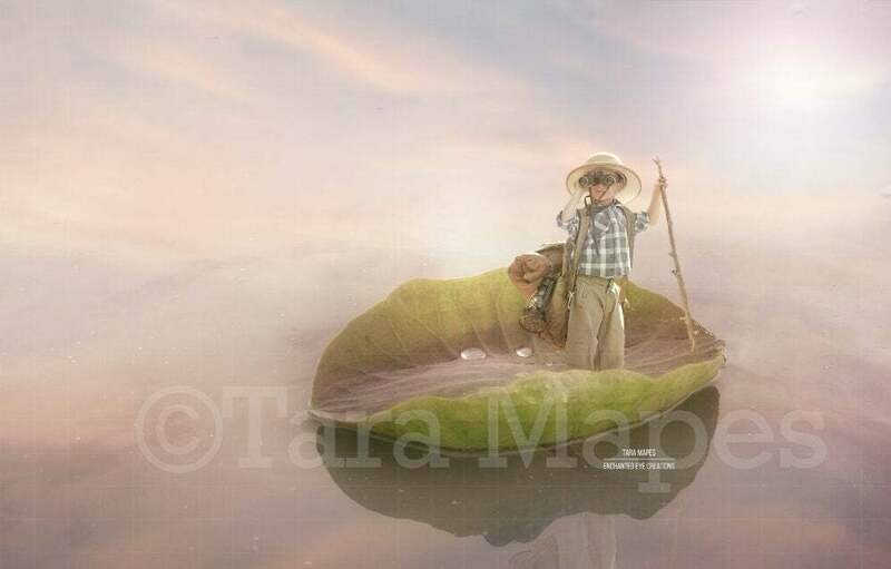 Lily Pad Leaf Boat in Foggy Sunrise Over Lake Creamy Digital Background Backdrop