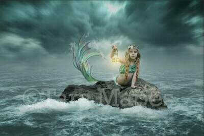 Stormy Ocean Mermaid Rock - Rock in Stormy Ocean Digital Background