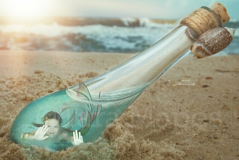 Message in a Bottle Mermaid in a Bottle in the Sand on a Beach Digital Background Backdrop