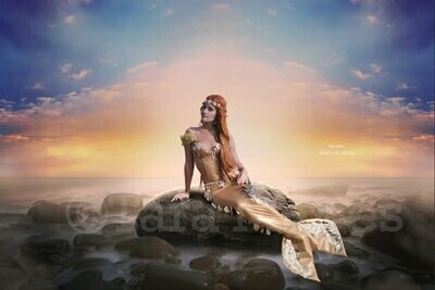 Mermaid Rock at Pastel Sunset Digital Background Backdrop