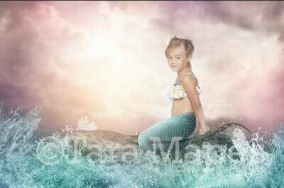 Pastel Beach Scene with Rock in Ocean - Mermaid Tail on Rock Sunset Digital Background Backdrop