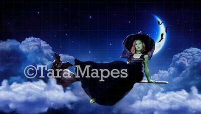 Witch Broom -  Halloween Moon - Broom in Sky Halloween Digital Background / Backdrop