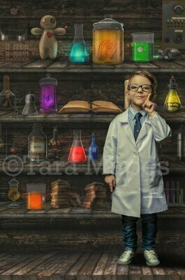 Science Lab Book Shelves -  Halloween- Magic Potions Specimens - Kid Friendly Fun Mad Scientist - Digital Background / Backdrop