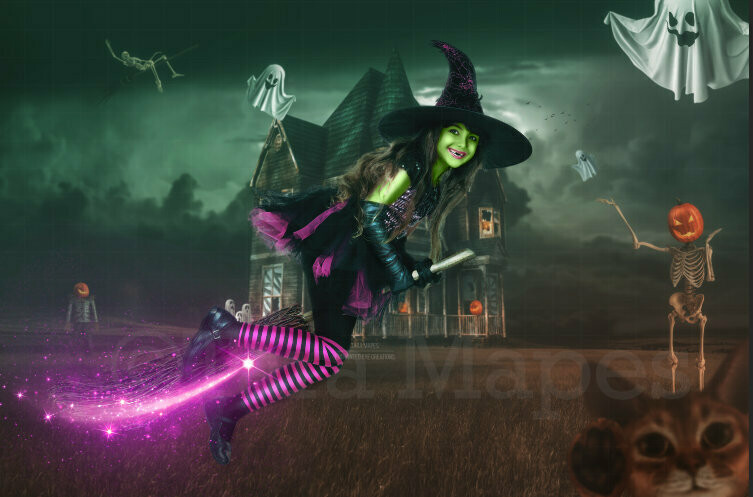 Halloween Haunted House -  Trick or Treating - Fun Spooky - Kid Friendly - Witch Digital Background / Backdrop