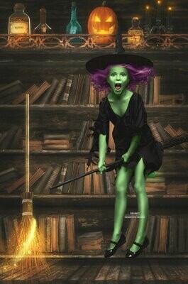 Halloween Spell Bookcase -  Spellbook Potions - Witch Halloween- Magic Broom Fun - Kid Friendly - Digital Background / Backdrop