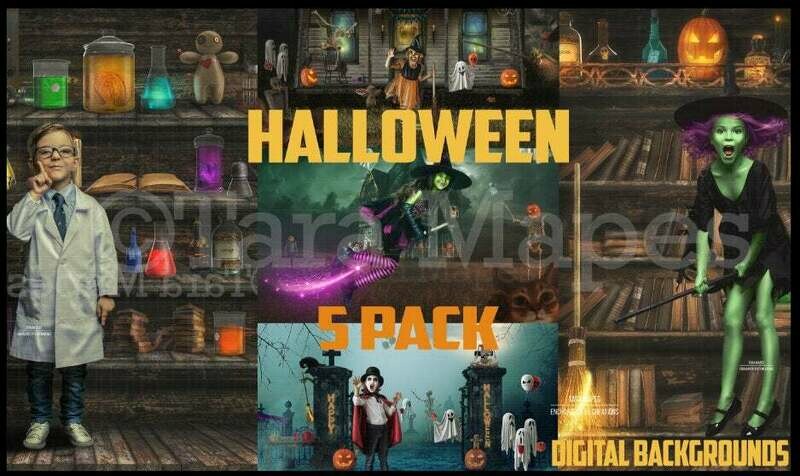 Halloween BUNDLE 5 PACK Digital Background Haunted House - Cemetery Party - Witch - Dracula  Kid Friendly - Digital Background / Backdrop
