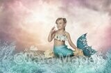 Pastel Beach Scene with Rock in Ocean - Mermaid  Rock Sunset Digital Background Backdrop