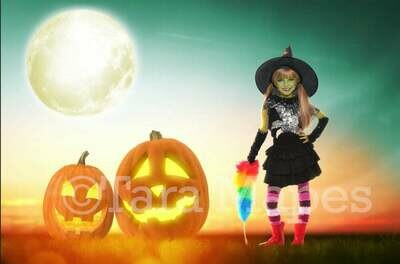 Jack o Lantern Sunset - Halloween Scene - Happy Halloween -  Smiling Pumpkins - Halloween Digital Background Backdrop