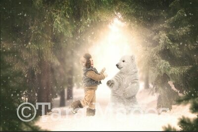 Polar Bear Cub in Snowy Forest - Winter Scene - Holiday Christmas Digital Background Backdrop