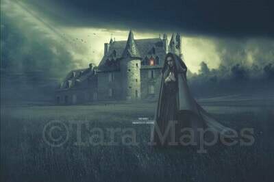 Haunted Castle in Foggy Field Halloween Witch Digital Background / Backdrop