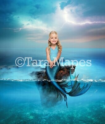 Rock in Blue Ocean for Mermaid or Fantasy Scene Digital Background / Backdrop