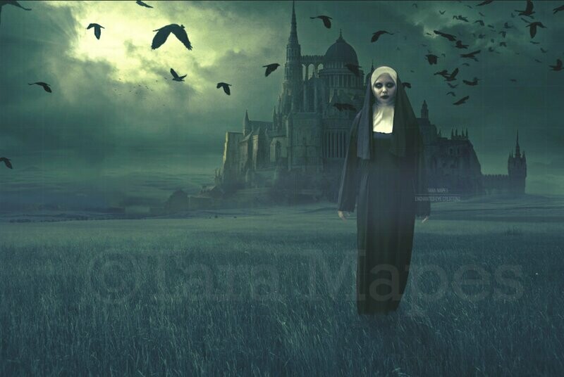 Haunted Castle Church - Spooky Foggy Field Halloween Witch Digital Background / Backdrop