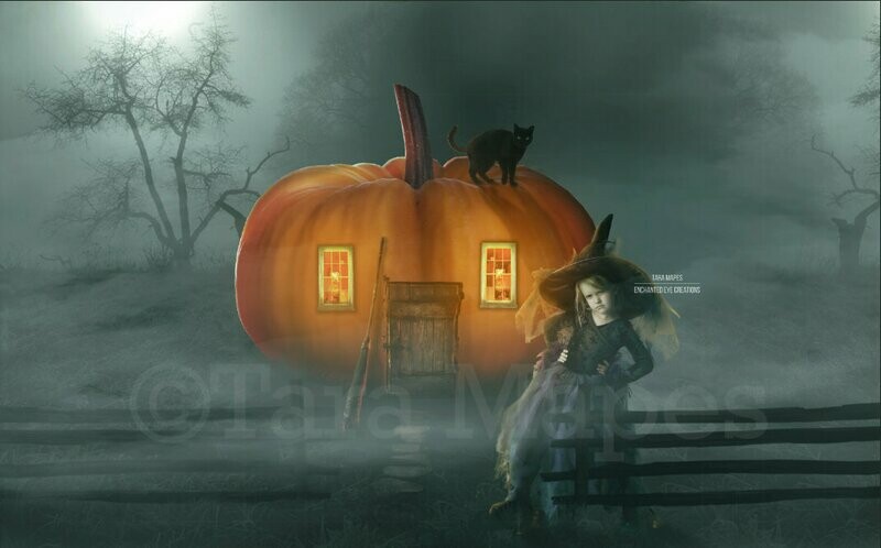 Halloween Pumpkin House - Little Witch - Spooky Fun Halloween Digital Background Backdrop