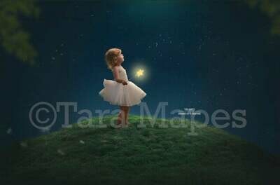 Magic Hill at Night | Night Sky Over Green Hill with Dandelions | Digital Background Backdrop