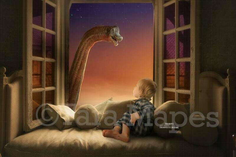 Smiling Dinosaur in Window Sunny Creamy Magical Digital Background Backdrop