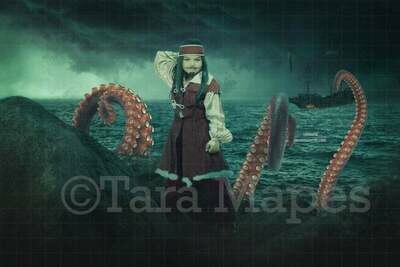 Pirate on Rocks in Ocean with Octopus Squid Stormy Pirate Ship Burning Digital Background