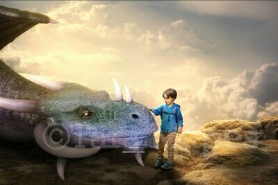 Smiling Blue Dragon Laying on Rocks Friendly Dragon Digital Background / Backdrop