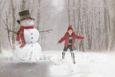Snowman Ice Skating -Winter Snowy Scene- Separate Snow Overlay - Christmas Digital Background Backdrop