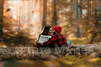 Tree Log in Forest - Autumn - Couple - Engagement Digital Background Backdrop